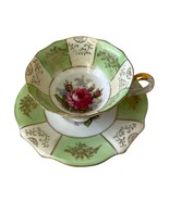 Teacup and Saucer Vintage Old Gold Japan Mint Green and Rose Floral Hand... - £17.48 GBP