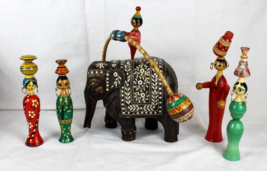 Egyptian Folk Art Wooden Spindal Dolls &amp; Elelphant Stamped-Large Wood Ch... - £486.83 GBP