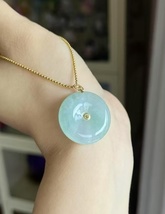 18K Solid Yellow Gold Natural Icy Pale Green &amp; White Jadeite Jade Lucky ... - $3,317.91 MXN
