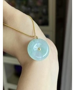 18K Solid Yellow Gold Natural Icy Pale Green &amp; White Jadeite Jade Lucky ... - $3,317.91 MXN