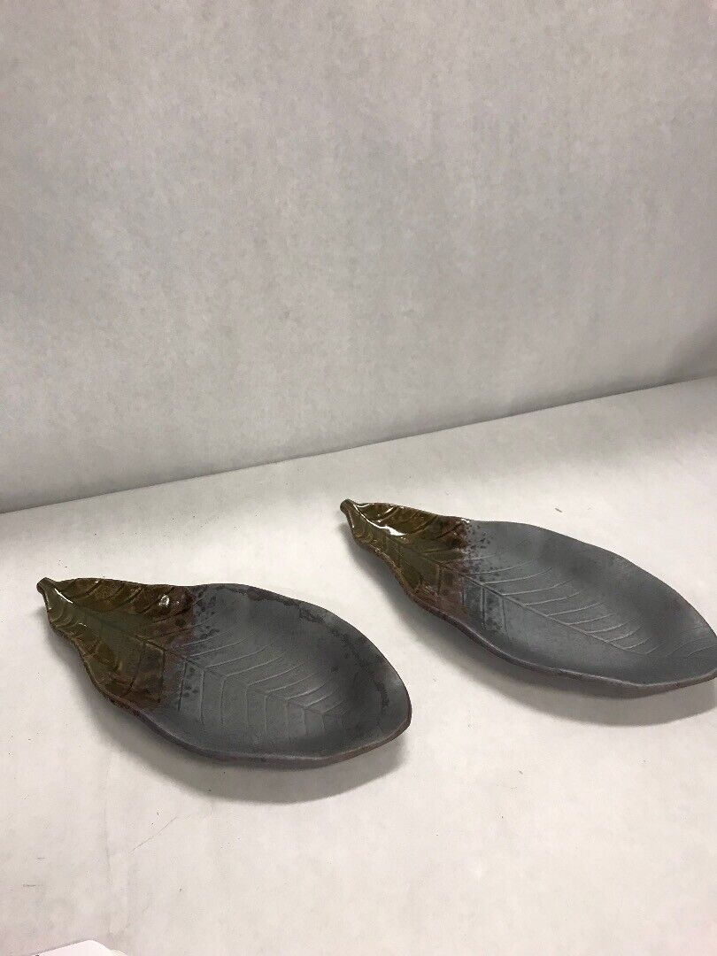 Primary image for Pair Pottery PLATE tray art piece hand made Vintage marked Leaf dish 11 by 5