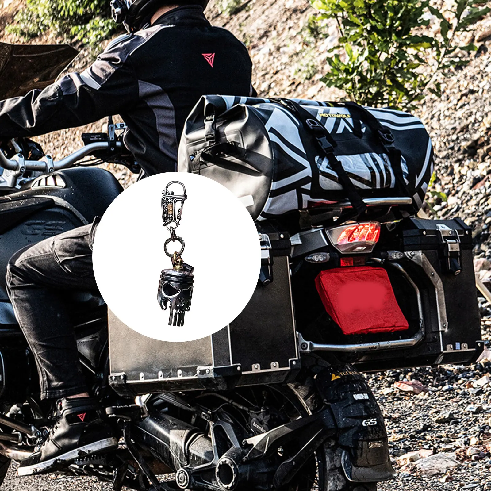 Motorcycle Piston Art Keychain - Alloy Skull Pendant Flashlight Keyring - £17.02 GBP