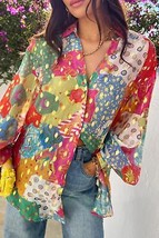 Rose Red Colorblock Abstract Print Button up Loose Shirt - $35.05