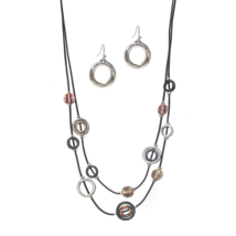 Double Layer Multi Ring Cord Beach Style Necklace and Earrings Set - £11.18 GBP