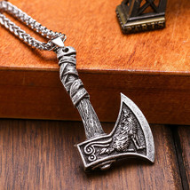 Mens Wolf Raven Axe Pendant Necklace Viking Jewelry Stainless Steel Chain 24" - £9.54 GBP