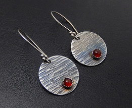 Sterling Silver Carnelian Earrings, Hammered Discs, Orange Stone Jewelry - £29.80 GBP