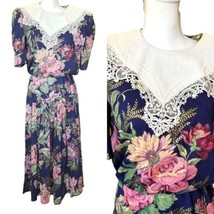 Vintage 80s Floral Blue Blouson Midi Dress Exaggerated Collar Cottage Core Small - $57.91