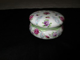 Marked Vintage Rose Floral China Dresser Trinket Dish w/Cover - 3 3/4&quot; X 2 1/8&quot; - £9.57 GBP