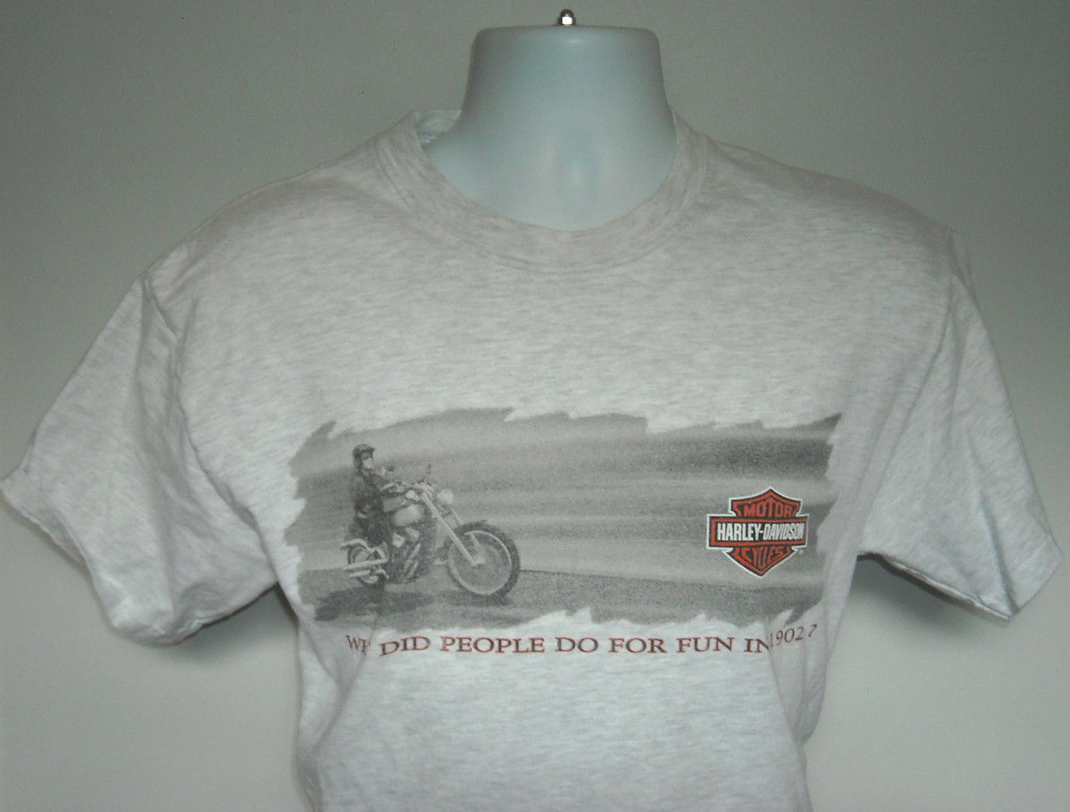 MENS HARLEY DAVIDSON MEDIUM T SHIRT WHAT DID PEOPLE DO FOR FUN IN 1902 CARROLL - $23.71