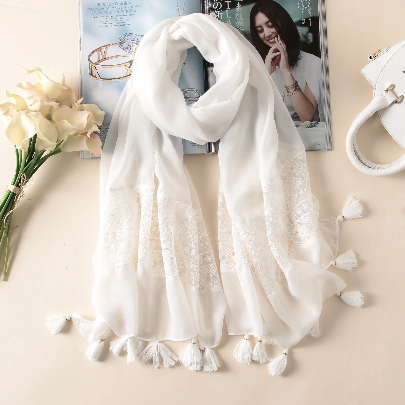 White Lace Spring Summer Women Scarf Silk Cotton Linen Beach Shawls And ... - £27.52 GBP
