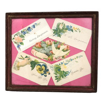 Antique Victorian Calling Cards Four &amp; Diecut Scrap Of Birds Framed 8 x 6&quot; - £18.35 GBP