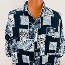 Aloha Hawaiian Large 2 XL Shirt Tiki Idols Palm Tree Tapa Geometric Tropical - £31.89 GBP