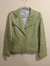 Susan Bristol 100% Leather Jacket Size 8 Long Sleeve Button Front Green lined - £29.45 GBP