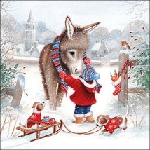 4pcs Decoupage Napkins, 33x33cm, Child, Donkey and Dogs, Winter, Snow, Christmas - £3.53 GBP