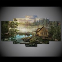 Elk Cabin Woods River Five Piece No Frame Canvas Multi Panel Home Decor Art - £23.59 GBP+