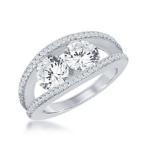 Sterling Silver &quot;Us2gether&quot; Double Band with Center Two-Stone CZ&#39;s Ring - £46.32 GBP