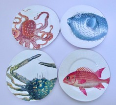 4 Pottery Barn Under the Sea Melamine 9&quot; Salad Plates Turtle Octopus Crab Fish - £22.84 GBP