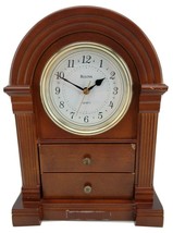 Vintage Bulova Quartz Mantel Clock Wood 2 Drawer Jewelry Box Mantel 11&quot; - £100.67 GBP