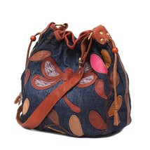 Vintage Real Leather Bags Women Denim&amp;Leather Patchwork Shoulder Bag Ladies Buck - £62.42 GBP