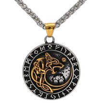 Viking Fenrir Necklace Gold Silver Stainless Steel Norse Rune Wolf Pendant - £22.90 GBP