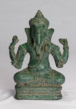 Ganesha Statua - Antico Khmer Stile Seduta IN Bronzo Bayon Ganesh - £201.31 GBP