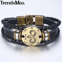 12 Zodiac Sign Horoscope Men&#39;s Leather Bracelet Vintage Retro Charm Wristband Ma - £10.53 GBP