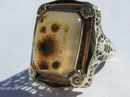 Antique  Art Deco Gothic Large 10 cts  Agate 14K Gold Enameled Filigree Ring - £863.30 GBP