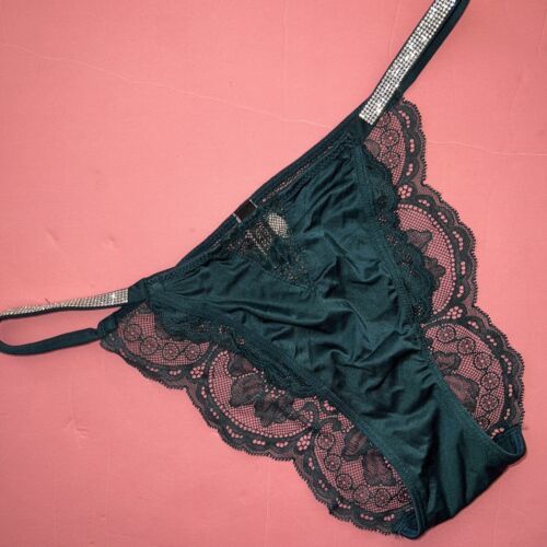 NWT Victoria&#39;s Secret M,XXL panty IVY emerald GREEN lace SHINE STRAP VER... - $29.69