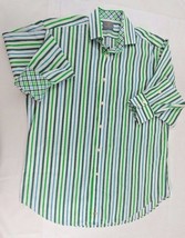 Thomas Dean Long Sleeve Button Front Flip Cuff Blue  Green Striped Dress Shirt L - £14.72 GBP