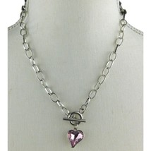 Vintage Pink Heart Shaped Crystal Pendant Necklace Blink 18&quot; Silver Tone Chain - £6.99 GBP