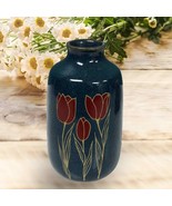 Vintage OTAGIRI Japan Red Tulips Cobalt Blue Small 4” Bud Vase Gold Acce... - $692.64 MXN