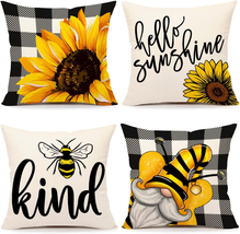 Summer Decor Pillow Covers 18X18 Set of 4 Sunflower Bee Decorations for Farmhous - £20.48 GBP