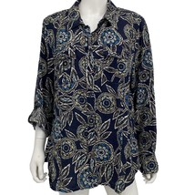 Charter Club 100% Linen Blouse Pretty Unique Blue Mosaic Floral Top Shir... - $19.80