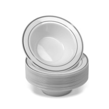 50 Disposable White Silver Trim Plastic Dessert Bowls | Small 6 Oz. Prem... - £40.71 GBP