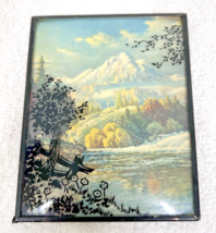 Vintage Reverse Paint Silhouette Convex Glass Mountain Stream Litho Wall... - $24.26