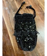 Exquisite Vintage Beaded Drawstring Flapper Purse,  Black Bronze/Gold/Si... - $109.49 CAD