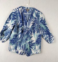 Chicos Womens Leaf Print Linen Blouse Jacket Size 2 Blue White 3/4 Sleeve - £13.97 GBP