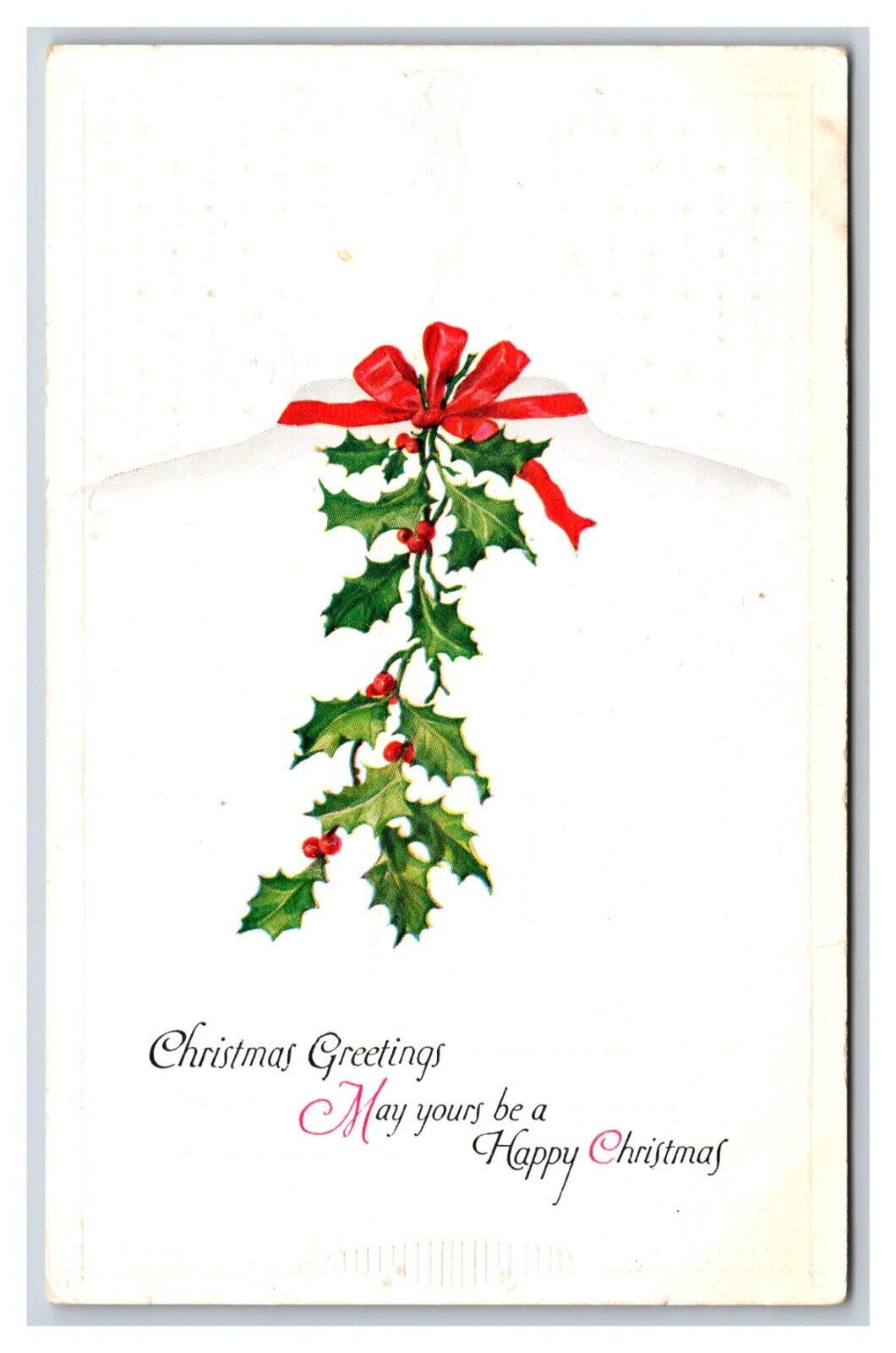 Primary image for Christmas Greetings Holly Ribbon Embossed UNP Winsch Back DB Postcard Y9