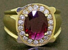 3.75CT Oval Cut Red Ruby &amp; Diamond 14K Yellow Gold Over Wedding Engagement Ring - £89.08 GBP