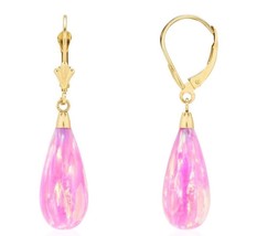 14K Yellow Gold Tear Drop Shaped Pink Fire Opal Lever back Dangle Earrings  - £82.80 GBP