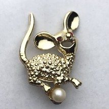Vintage Simulated Pearl Red Rhinestone Eyes Mouse Brooch Pin - $14.95
