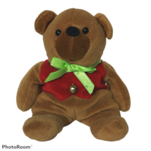Brown Teddy Bear Bell Red Vest Christmas Plush Stuffed Animal 7&quot; - £10.28 GBP
