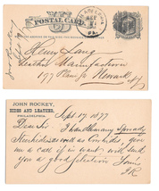 Sc UX5 1877 Philadelphia PA Fancy Cork Cancel Grid John Rockey Hides Leather - $9.95
