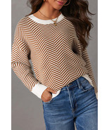 Coffee Stripe Contrast Edge Crew Neck Drop Shoulder Sweater - $58.67 CAD