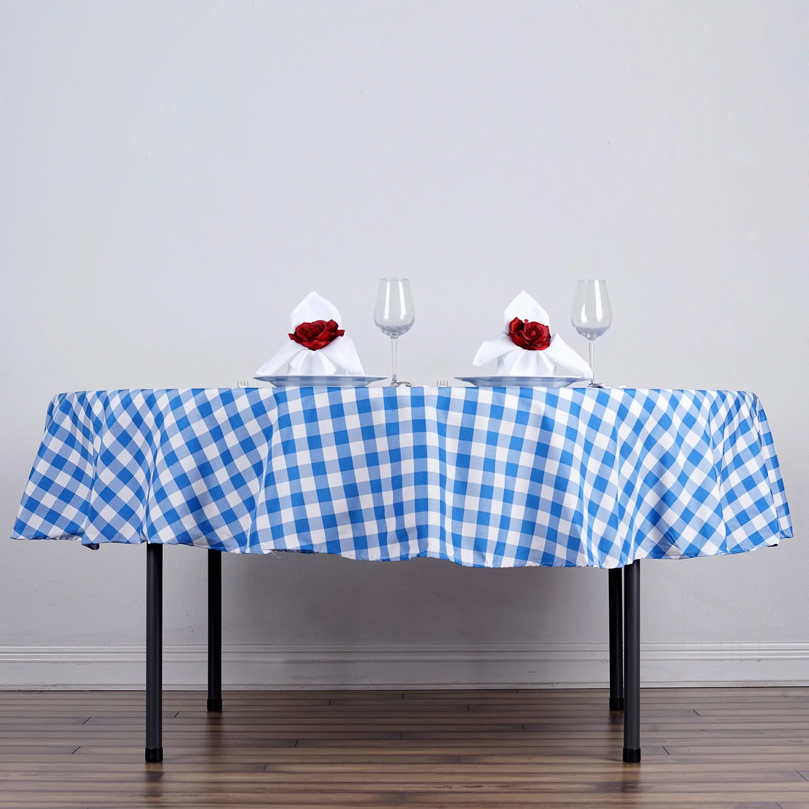 Blue - 70&quot; Round Polyester Tablecloths Perfect Picnic Checkered For Weddings - £24.26 GBP