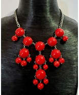 Red Lucite &amp; Silver Tone 17&quot;- 20&quot; Beaded Statement Necklace - £13.48 GBP