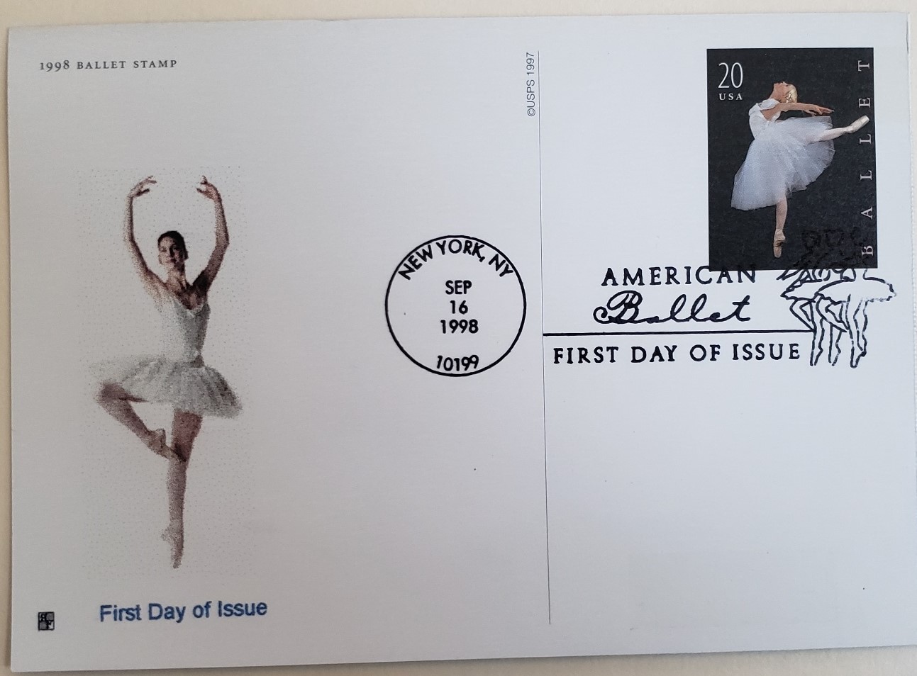 First Day Issue American Ballet Postcard, Stamp Sep 16 1998  - $2.95