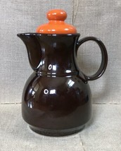 Vintage Mid Century Modern Seventies Brown Ceramic Coffee Pot w Orange Lid - $51.48