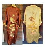 Asian Kimono Large Reversible Yellow Brown Satin Full Long Length Robe P... - $71.25