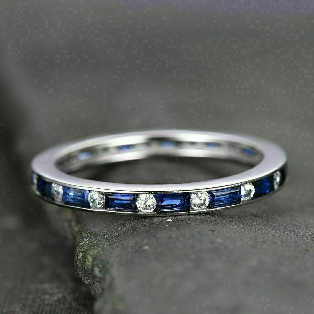 1.00Ct Round Diamond & Sapphire 925 Sterling Silver Full Eternity Wedding Band
